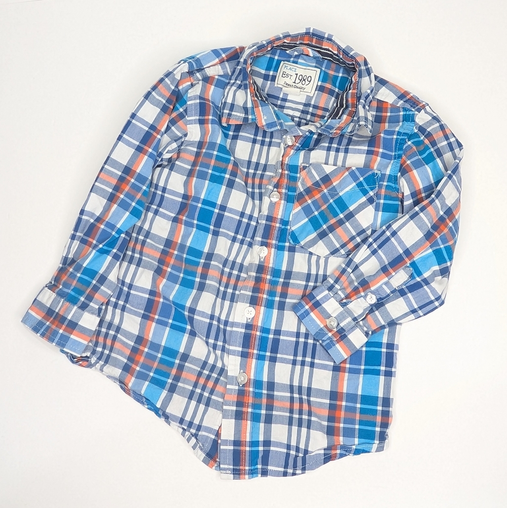 Children’s Place Boys Plaid Button-Up Shirt – Blue Orange‎ Check – Size 3T